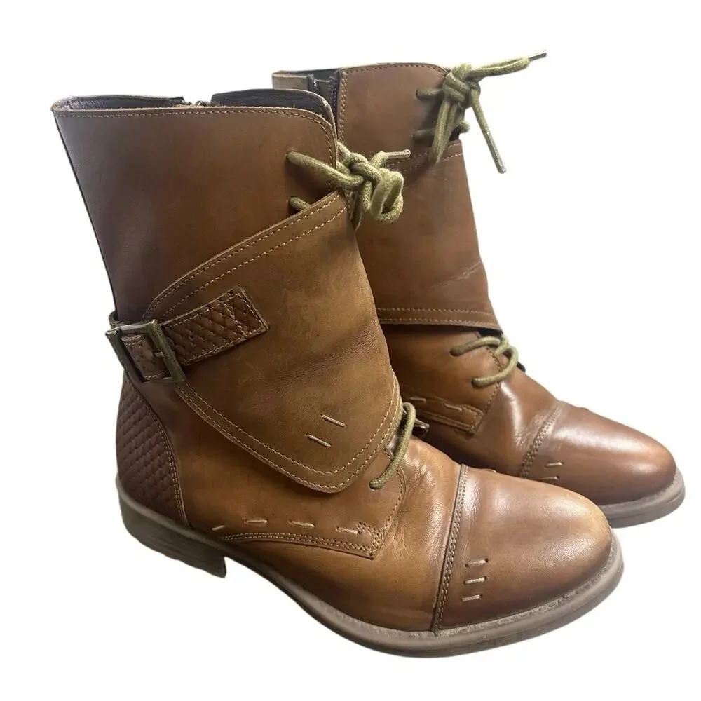 Roan Footwear Women’s Size 6.5 Brown Leather Ankle Boots Lace Up Zip Moto Boho
